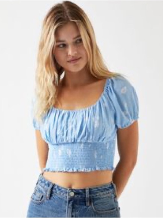 La Hearts Tops - La Hearts Light Blue Daisy Smocked Puff Sleeve Crop Top